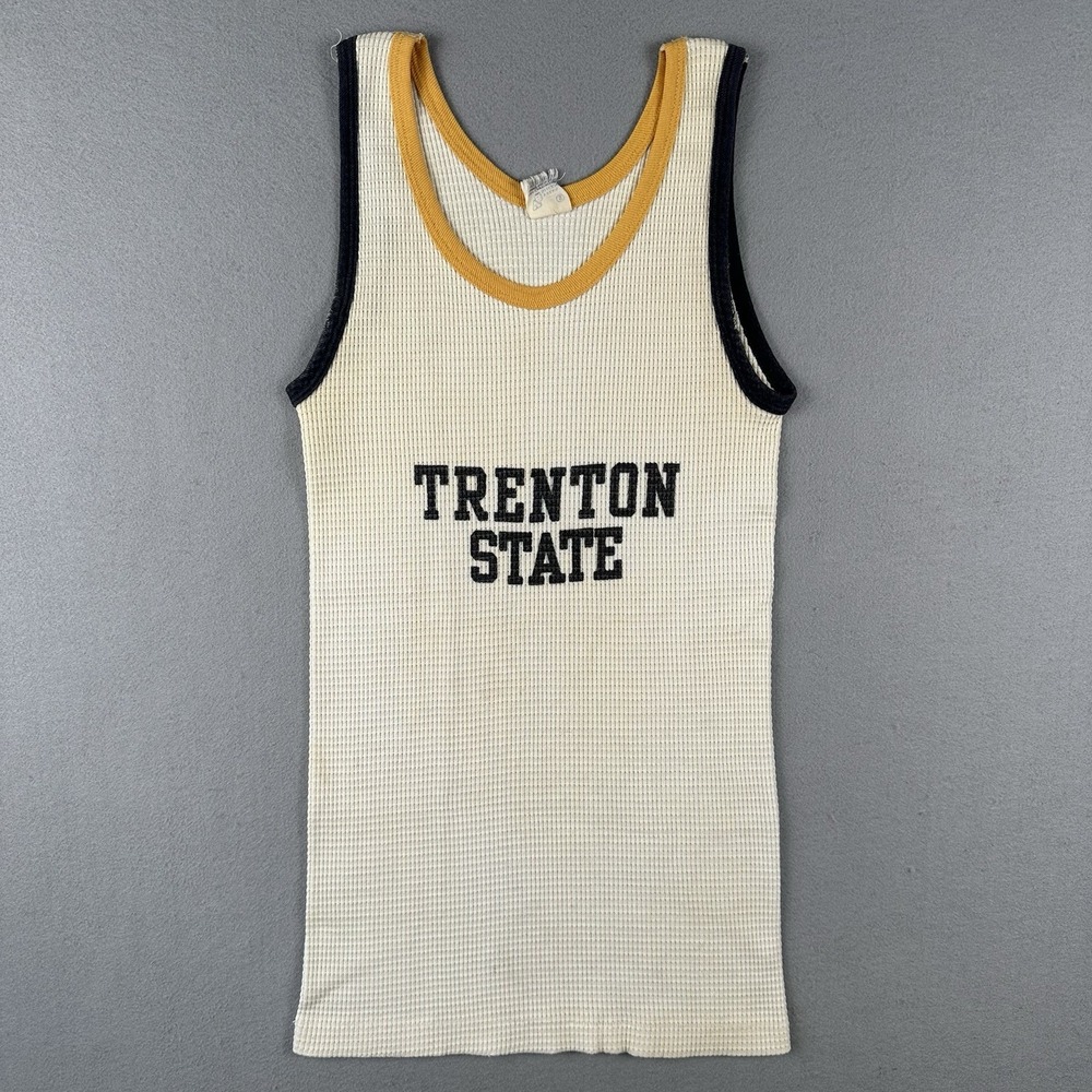 Vintage‎ 70s Velva Sheen Trenton State College Tank Top Men's Small Waffle Knit